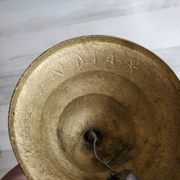 Vintage Etched Brass Hand Bell Wood Handle India - School, Teacher, Call Service - Picture 6 of 12